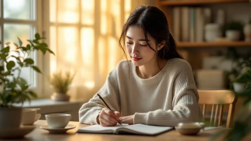 デスクでジャーナルに書き物をする30代の日本人女性。傍らにハーブティー。気持ちを整えるセルフケアのイメージ