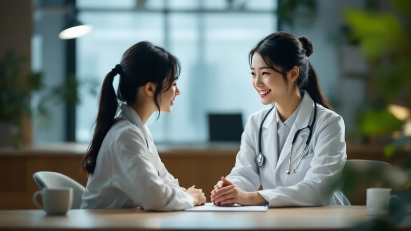 白衣の医師と向き合って話す日本人女性患者。産婦人科での診察・説明のシーン