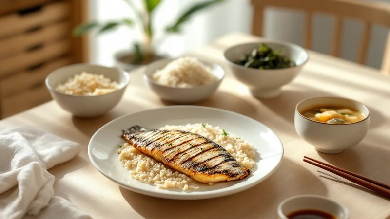 木のテーブルに並んだ焼き魚・雑穀入りごはん・海藻の小鉢・豆腐とわかめの味噌汁からなる和食の献立