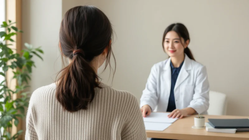 診察室で、後ろ姿の女性が椅子に座り、向かいに座った白衣の女性医師が机の上の紙を示しながら説明している様子