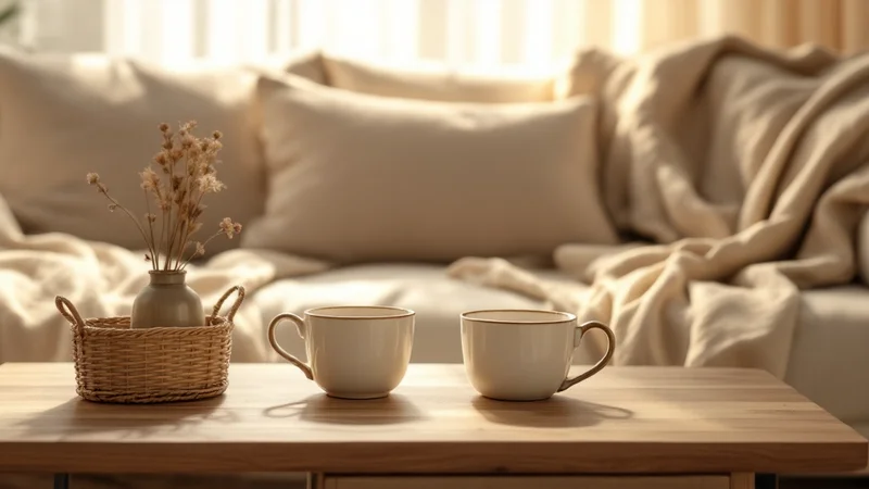 木製のコーヒーテーブルに2つのティーカップが並べられた、落ち着いた会話を象徴するリビングのフラットレイ写真