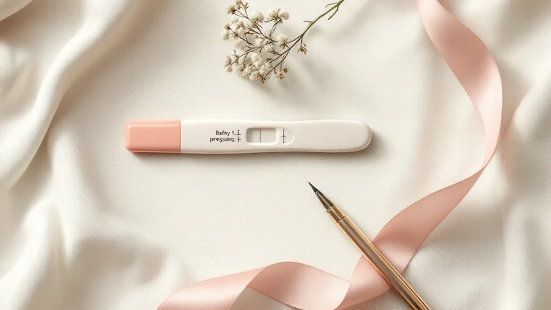 妊娠検査薬と手帳が置かれたテーブル。妊娠超初期の体調記録のイメージ