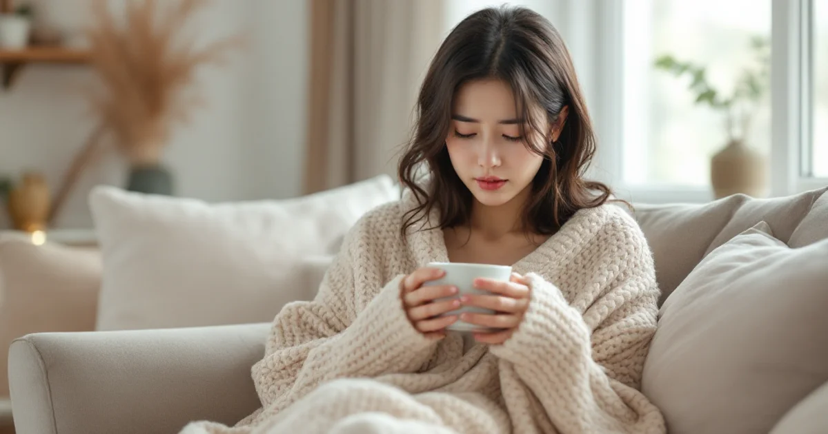 ソファでブランケットにくるまり、温かいマグカップを両手で持ってうつむく30代前半の日本人女性。体調のすぐれない不快感を抱えている様子