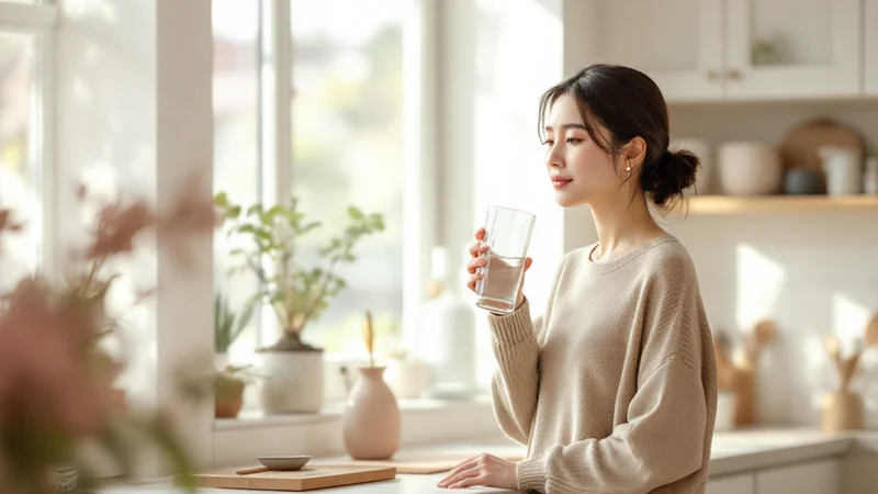 朝の明るいキッチンで水の入ったグラスを手に、水分をとっている30代前半の日本人女性。膀胱炎予防で大切な水分補給のイメージ