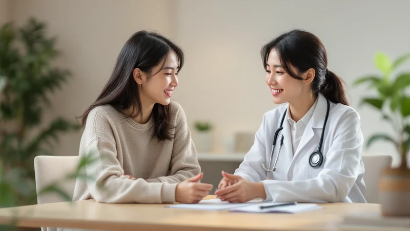 明るい診察室の机で、白衣の女性医師と向かい合って穏やかに話す私服姿の30代前半の日本人女性。膀胱炎の症状を医師に相談している場面