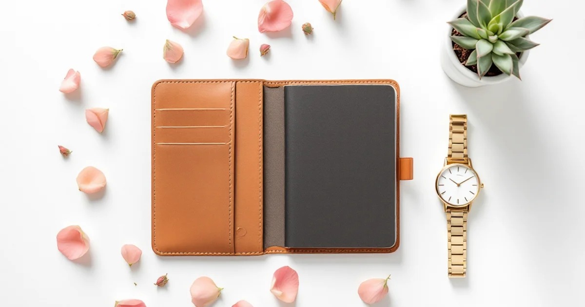 白い背景の上に広げたパスポートホルダー・金の時計・ピンクのローズペタル。旅行前の準備と生理日移動計画のイメージ