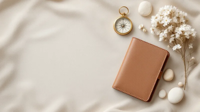 ベージュリネンの上に置かれたパスポートケース・金のコンパス・かすみ草・白い小石。旅行計画のイメージ