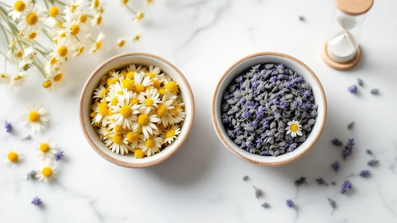 大理石の上に並んだカモミールとラベンダーのセラミックボウル2つと砂時計。中用量ピルと低用量ピルの選択・比較のイメージ