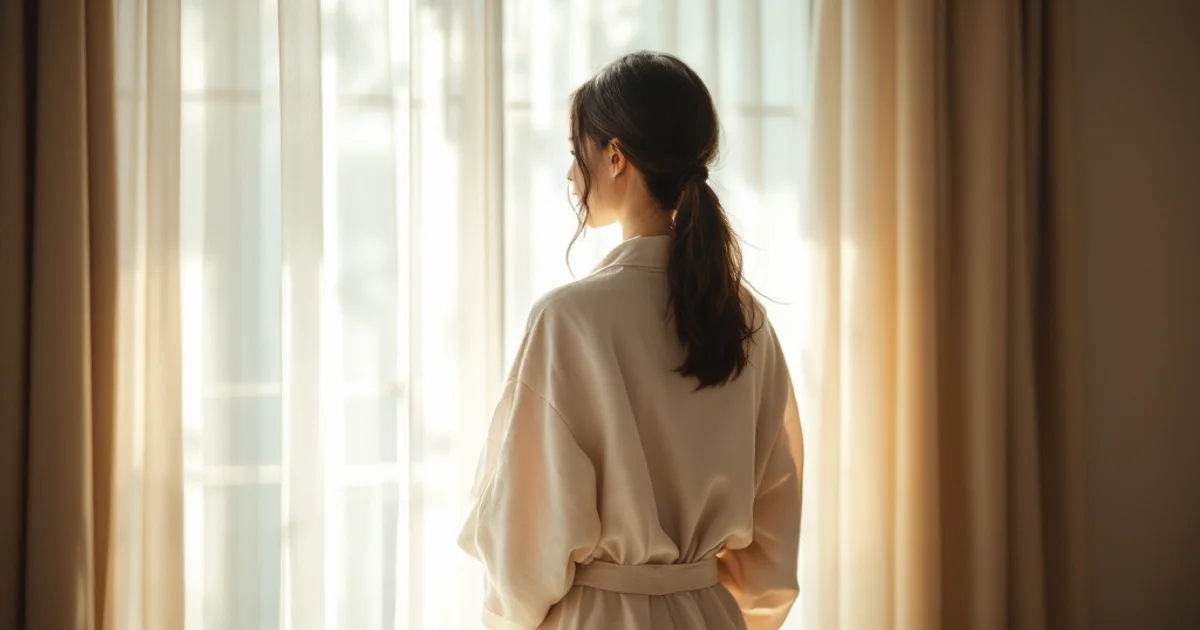 やわらかな朝の光が差し込む寝室で窓辺に佇む日本人女性の後ろ姿。デリケートゾーンの悩みを抱えながら自分の体と向き合うシーン