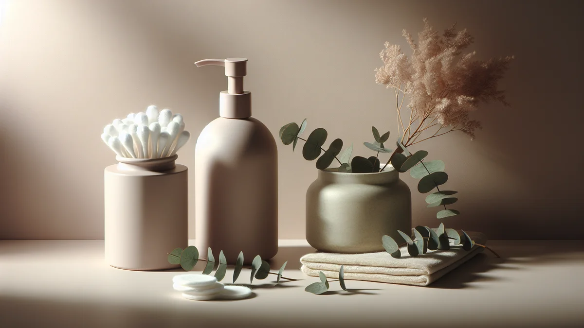 清潔感のある洗面台に置かれた低刺激ソープとコットン。デリケートゾーンケアのイメージ