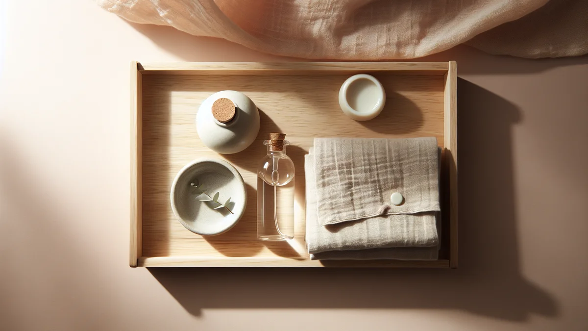 白いコットンタオルとナチュラルソープが並ぶ清潔感のある洗面台。デリケートゾーンケアのイメージ