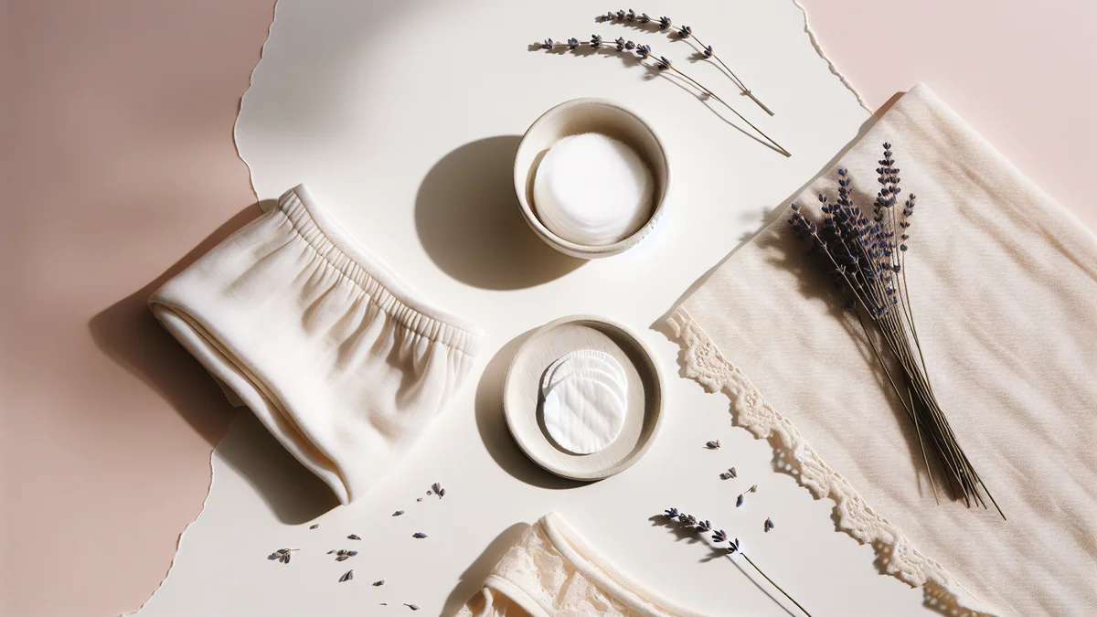 綿素材のシンプルな下着とナチュラルカラーのタオルが並んだ明るい棚。清潔なケアのイメージ