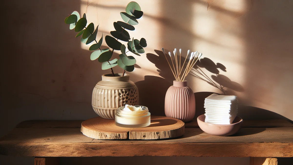 ガラス瓶に入ったシアバターとコットンパッドが並ぶナチュラルなバスルーム棚