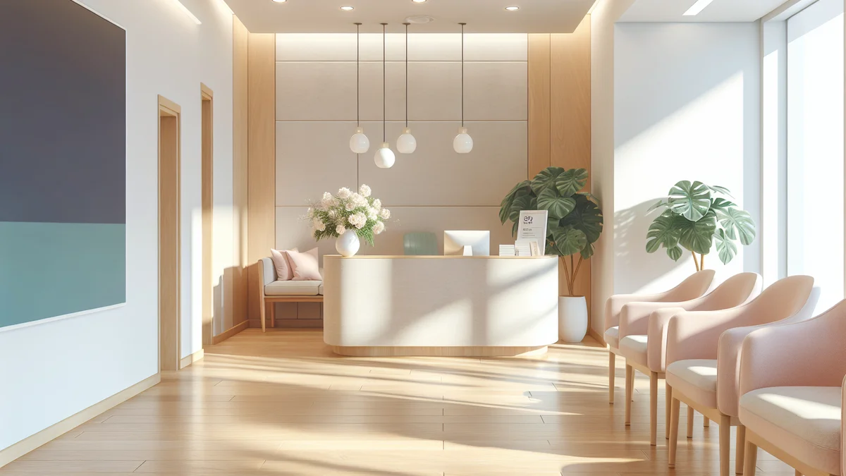 明るく清潔感のある婦人科クリニックの待合室。白い壁と観葉植物がある穏やかな空間