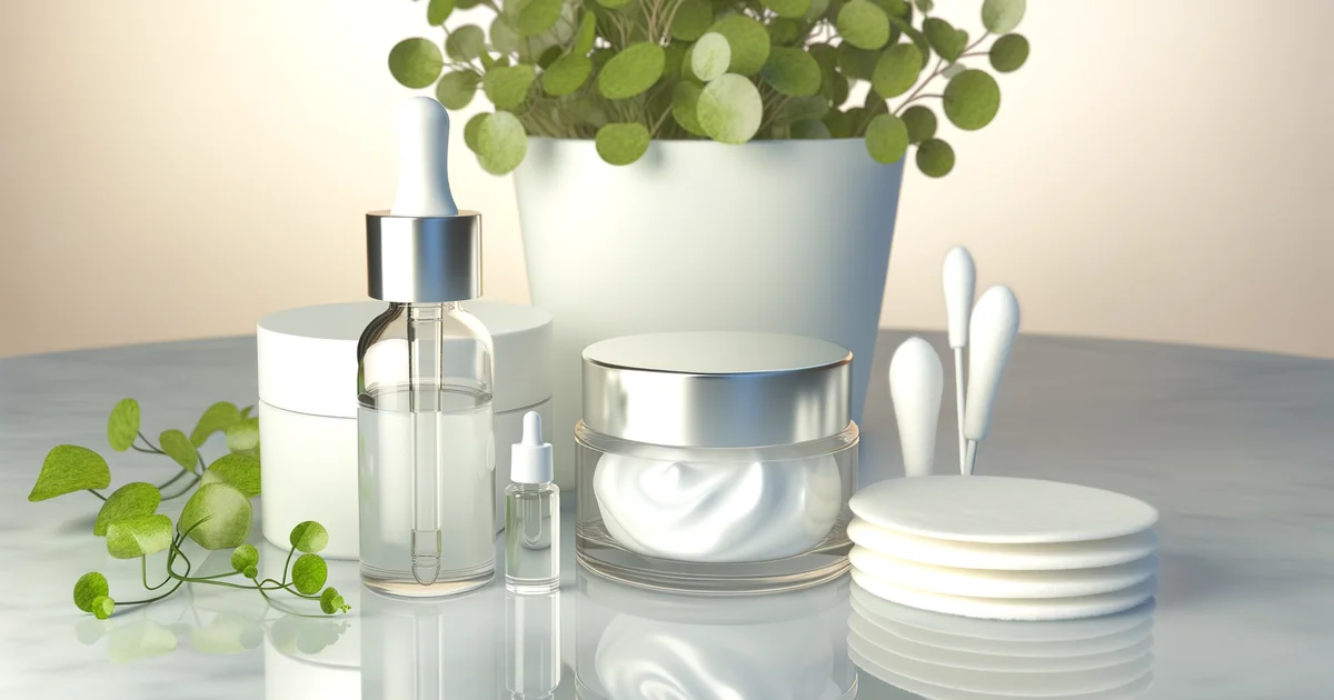 白いテーブルの上に保湿クリームのボトルとコットンが並ぶ。デリケートゾーンの保湿ケアのイメージ