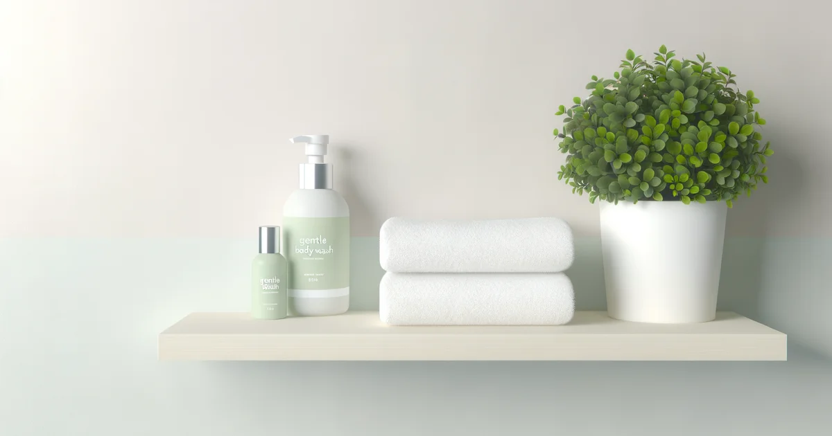 清潔感のあるバスルームにボディソープとタオルが並ぶ写真