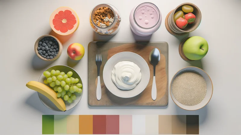 ヨーグルトや発酵食品、野菜が食卓に並ぶ健康的な朝食の写真