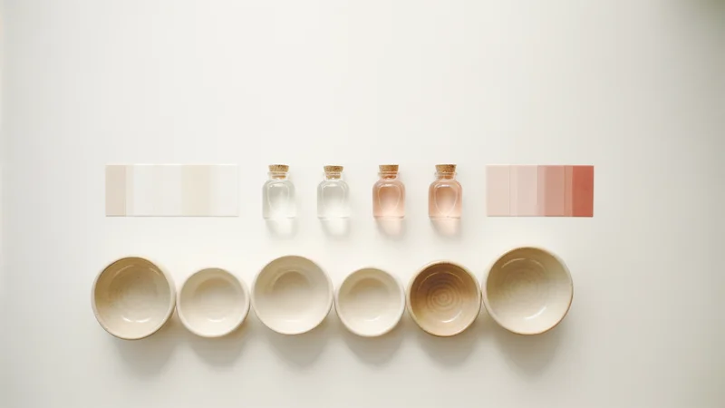 さまざまな色合いの小瓶や器を並べた俯瞰写真