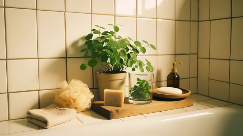 浴室の棚に並ぶナチュラルなボディケア用品