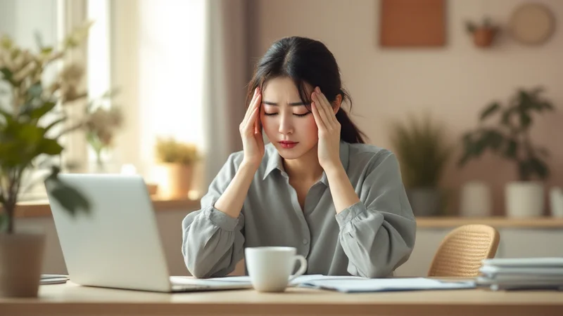 30代前半の日本人女性が自宅のデスクでノートパソコンの前に座り、両手でこめかみを押さえて頭の重さとだるさに耐えている様子
