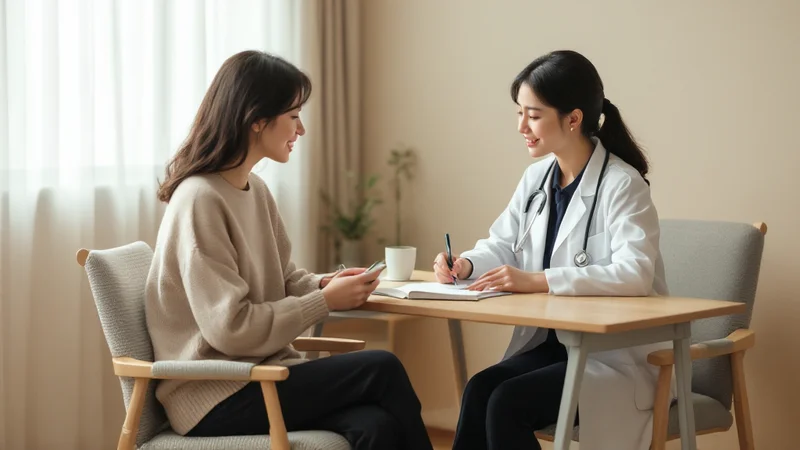 ベージュのニットを着た30代の日本人女性が、白衣を着た女性医師と机をはさんで向かい合い、メモを見ながら体調について相談している様子