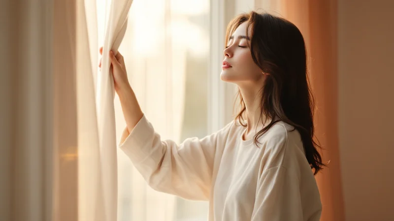 30代前半の日本人女性が朝の光が差し込む窓辺でカーテンを開け、目を閉じてゆっくり深呼吸をしている様子