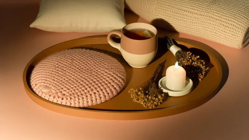 ホットパックとハーブティーで温かくリラックスする女性。月経困難症のセルフケアイメージ