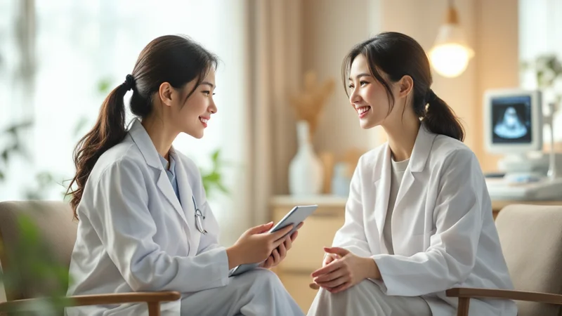 明るい産婦人科の診察室で、女性医師が白衣で患者に丁寧に説明している様子。デスクにはクリップボードと電子カルテがあり、落ち着いた温かみのある診察空間。患者は20代後半の日本人女性