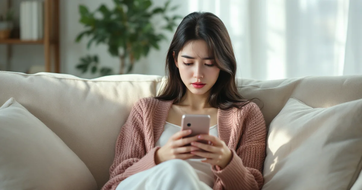 自宅のリビングでスマートフォンを片手に不安そうな表情を浮かべている20代後半の日本人女性。柔らかな自然光が差し込む室内