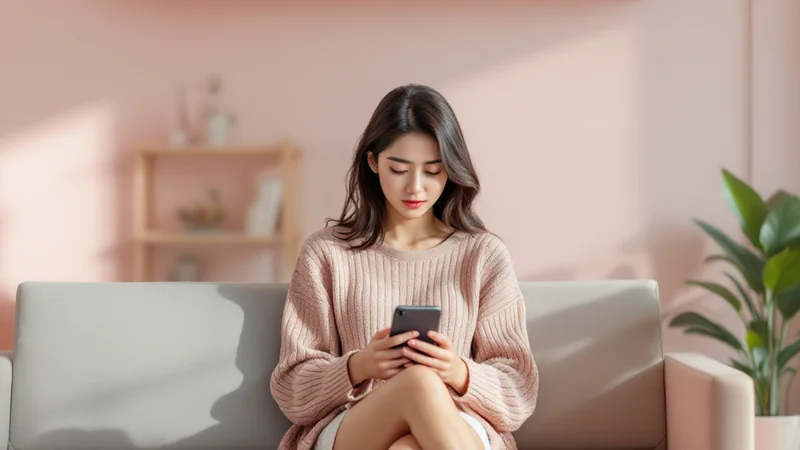 自宅のソファでスマートフォンを見つめながら不安げな表情を浮かべる20代後半の日本人女性