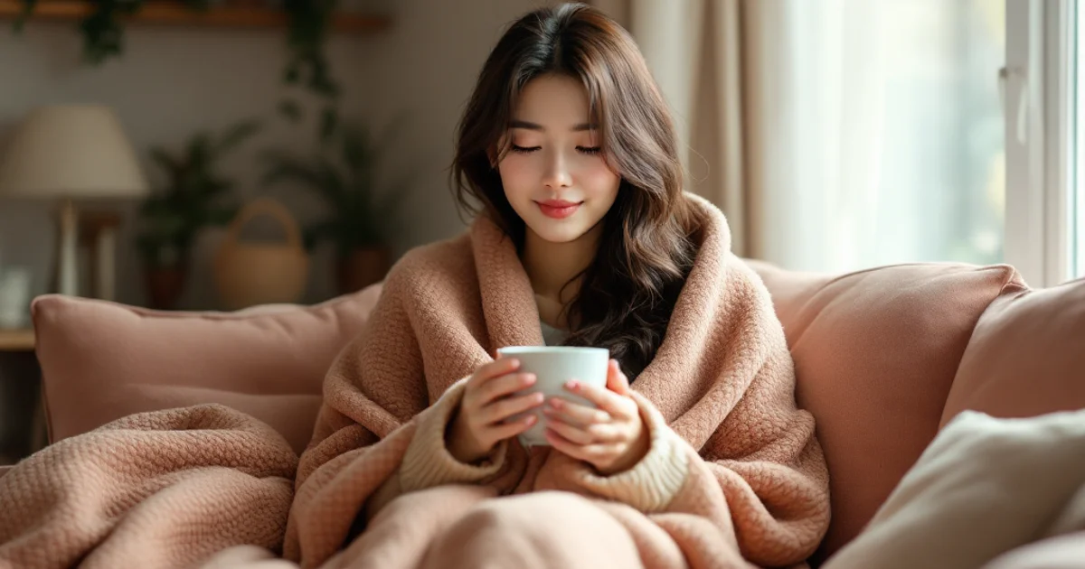 自宅のキッチンで温かいスープを手に、体調を気遣うようにお腹のあたりに軽く手を添えている20代後半の日本人女性