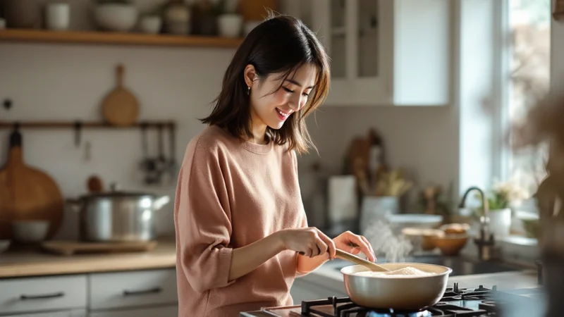 自宅のキッチンで消化にやさしいおかゆを作りながら、体調を整えている20代後半の日本人女性