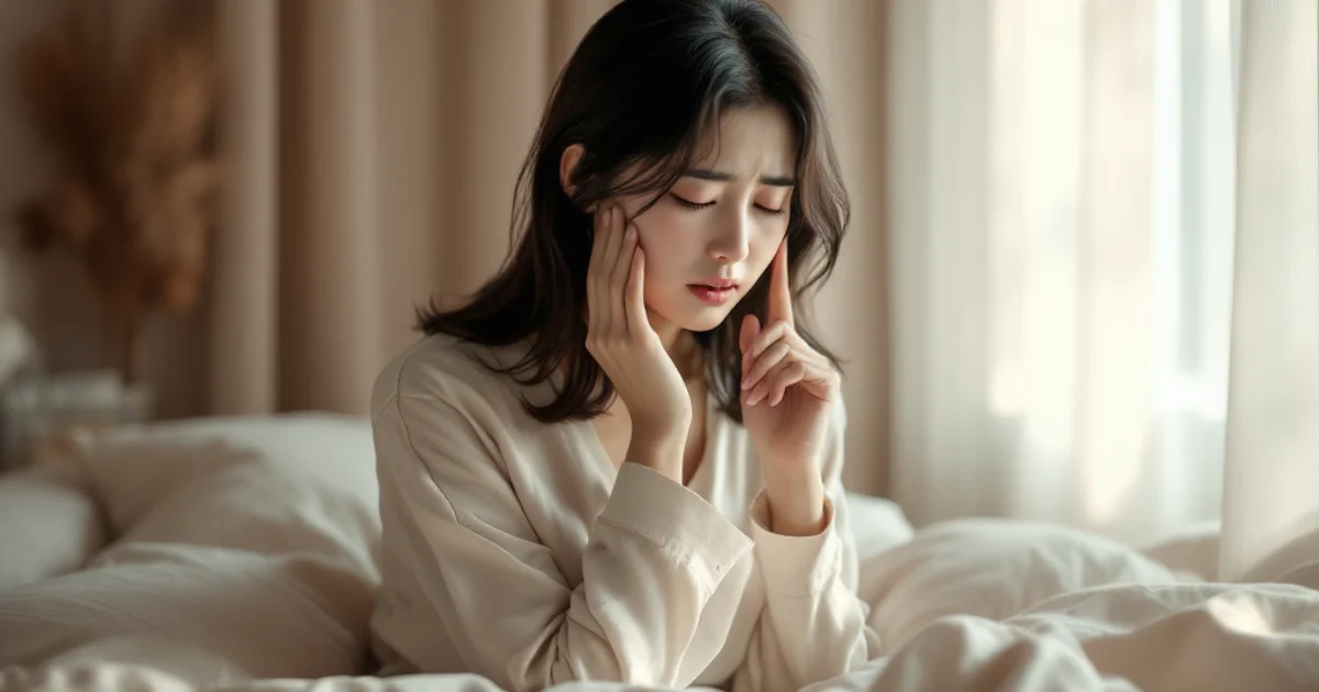 自宅のベッドでこめかみを押さえながら横になっている20代後半の日本人女性。カーテン越しの柔らかな自然光が差し込む寝室