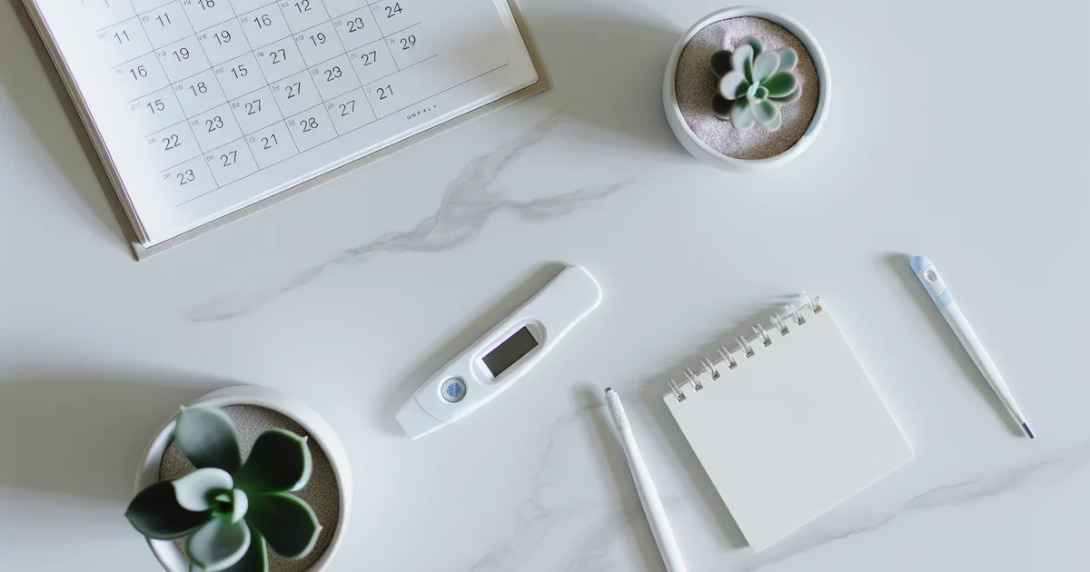 白いマーブル天板の机にカレンダー・体温計・メモ帳・多肉植物が並ぶ、妊活管理のイメージ