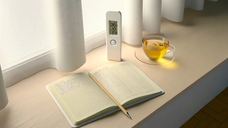 窓辺に体温計（36.7℃表示）・基礎体温の記録ノート・ハーブティーが置かれた朝の体温管理シーン