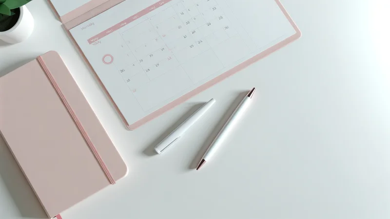 白いデスクにピンクのカレンダー・手帳・ペンが置かれた、生理周期の体調管理イメージ