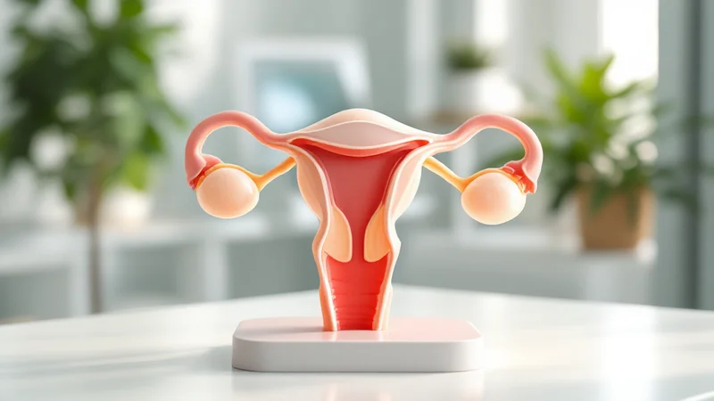 白いテーブルの上に置かれた女性生殖器の医療教育用プラスチックモデル。子宮・卵管・卵巣の位置関係がわかりやすく示されており、背景は明るいクリニックの室内