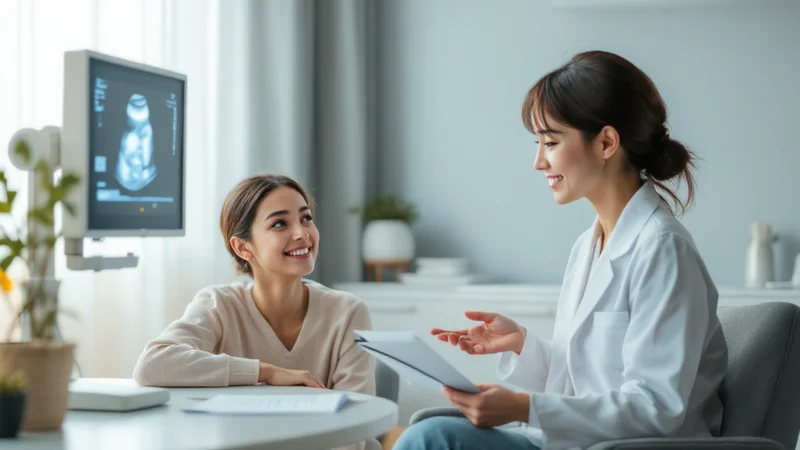 明るい産婦人科の診察室で、白衣の女性医師がタブレットを手に患者に説明している様子。背景には超音波検査のモニターが映り、清潔感のある落ち着いた雰囲気