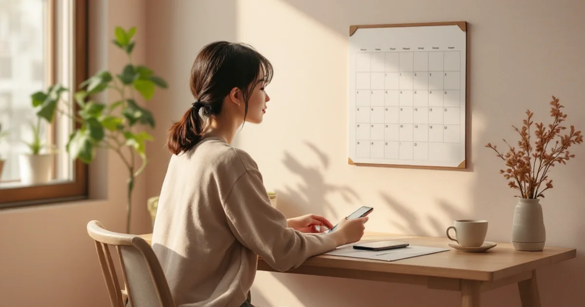 壁掛けカレンダーを見ながらスマートフォンで予定を確認する日本人女性、やわらかな自然光の差し込む明るい室内