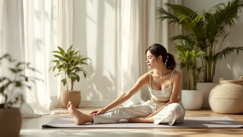 ヨガマットの上で穏やかにストレッチをする日本人女性、観葉植物と自然光のある落ち着いたリビングルーム