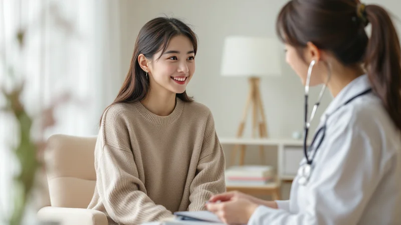 婦人科のカウンセリングルームで医師に相談する日本人女性、やわらかな照明と落ち着いた雰囲気の診察室