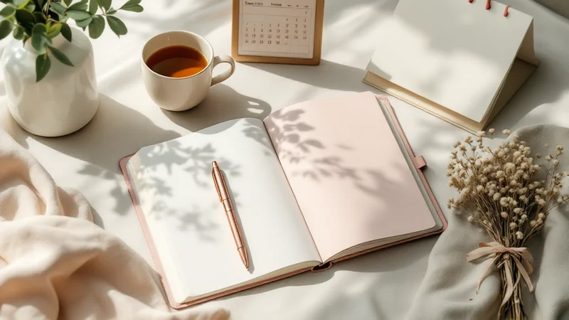 診察室の机に置かれた子宮と卵巣の解剖模型、問診票、ピンク色の手帳。子宮体がんの問診・検査の流れをイメージ