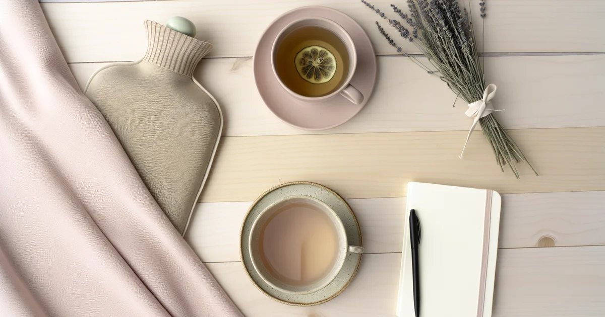 湯たんぽ・ハーブティー・ラベンダー・手帳が並ぶフラットレイ。子宮内膜症のセルフケアと体調管理を表すイメージ