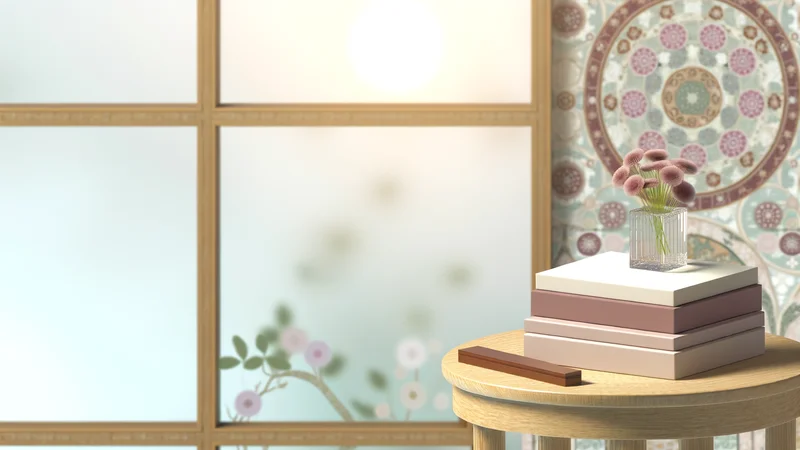 婦人科クリニックの診察室に置かれた小さな花と女性向けパンフレット。子宮内膜症の検査・受診を促すイメージ