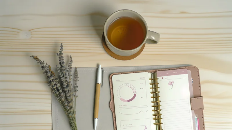 温かいハーブティーのカップとカレンダー。生理周期の管理や体調記録を表すイメージ