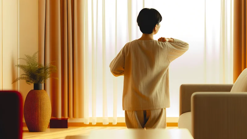 日差しの差し込むリビングでストレッチをする日本人女性の後ろ姿。子宮内膜症の生活習慣改善を表すイメージ