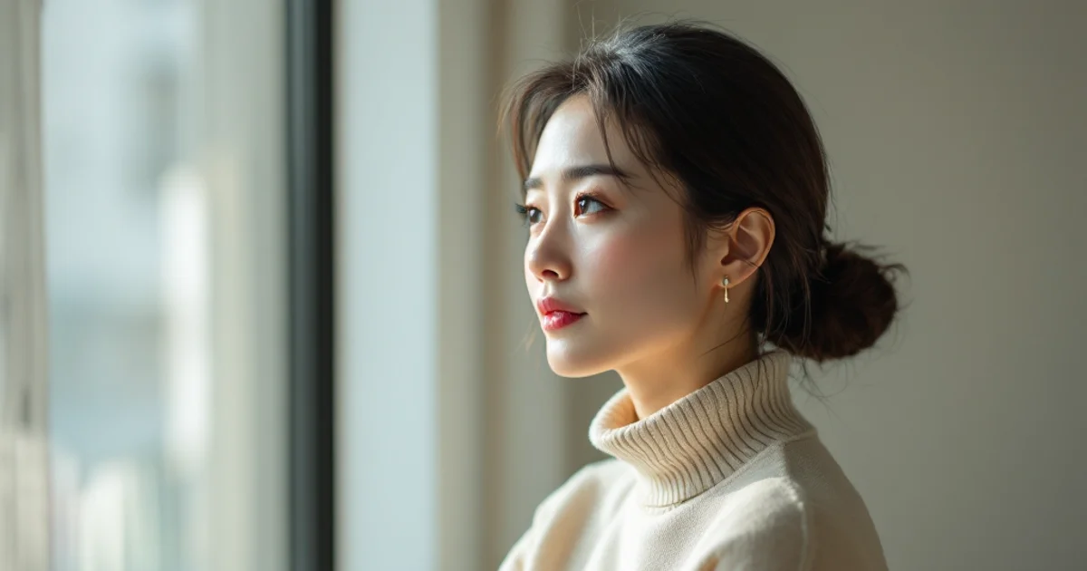 窓辺で穏やかに微笑む日本人女性。エストロゲンと女性の体調・心のゆらぎをやさしく表現したイメージ