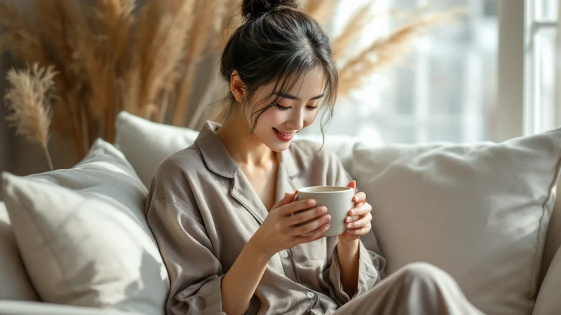 やわらかな光の中でリラックスする日本人女性。エストロゲンがもたらす女性らしい健康感をイメージ