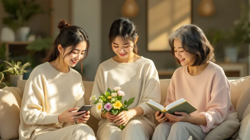 世代の異なる日本人女性がそれぞれの日常を過ごしているイメージ。ライフステージごとにエストロゲンの量が変わることを表現