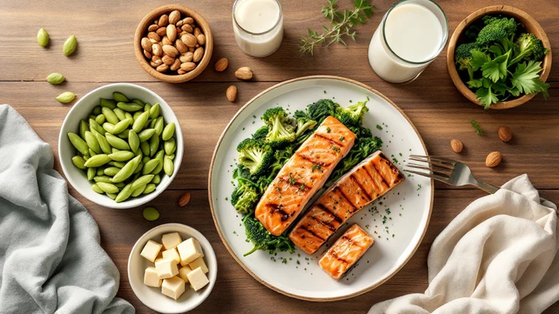 木製のテーブルに並んだ大豆製品・ナッツ・緑黄色野菜・魚などの食材。エストロゲンをサポートする食生活のイメージ